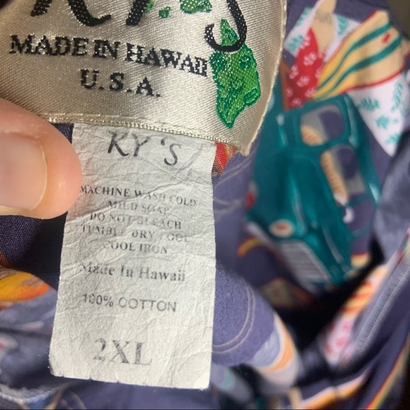 KY’s Blue Multicolor Hot Rod/Surf Board Print Button Up Shirt 2XL - Picture 3 of 9